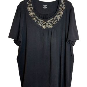 NWOT Liz & Me 2X Women's Short Sleeve  Embroidered Black Blouse Floral Boho Top